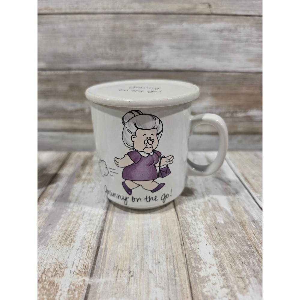 Granny on the go! White Ceramic Coffee Mug with Matching Lid Coaster Novelty
